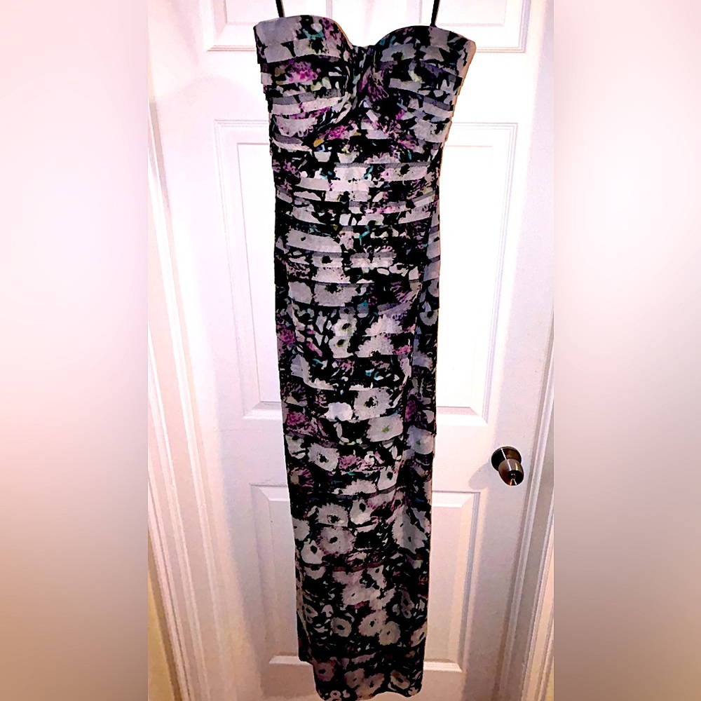 BCBG Strapless Gown | Layered Sheer Fabric | Structured Bodice | Sweetheart Neck